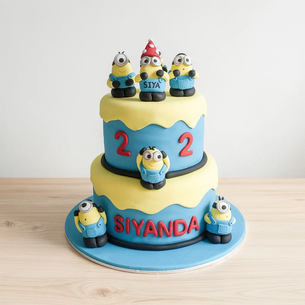 Two-tier cake with blue and yellow fondant and Minion figurines on and around it