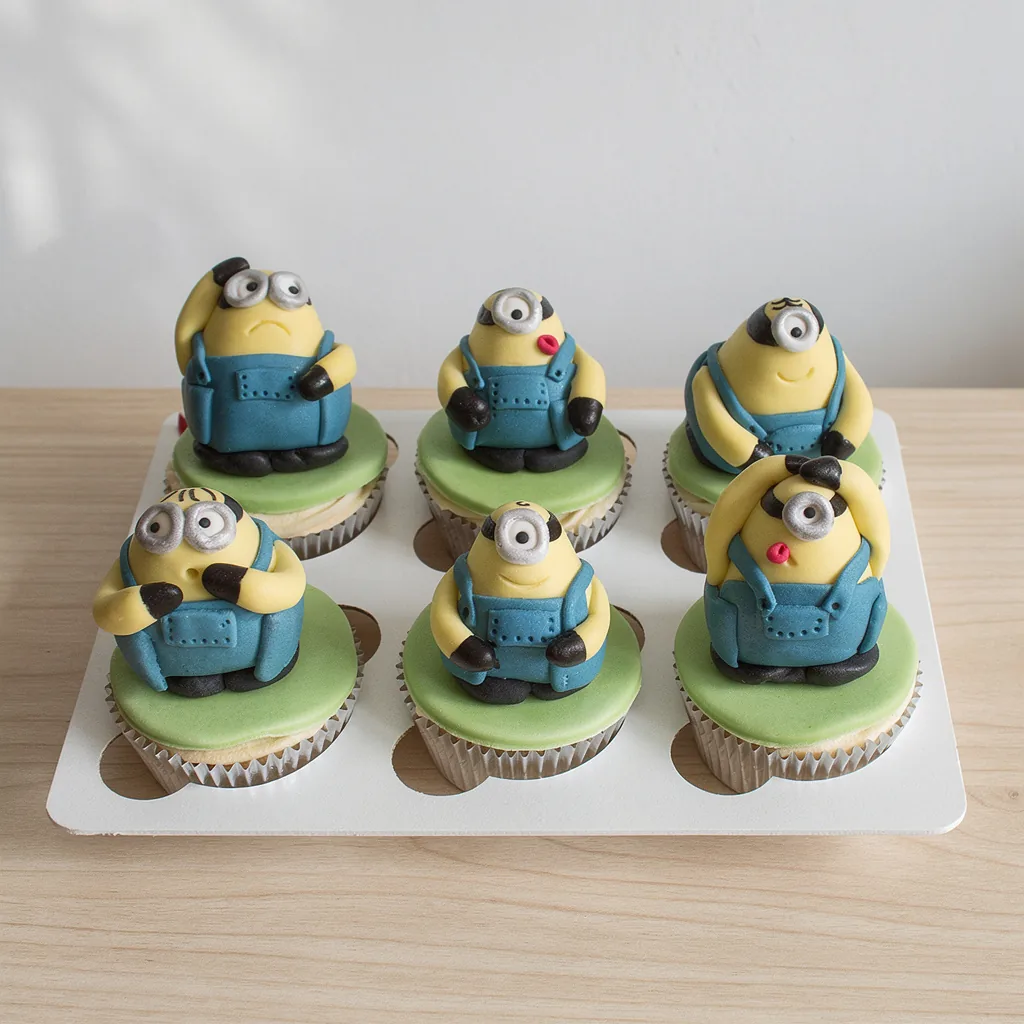Six cupcakes topped with detailed edible minion figures wearing blue overalls on green fondant bases