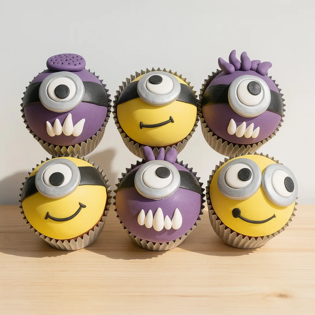 Six cupcakes decorated as yellow and purple minion faces with one or two eyes, smiles, and teeth