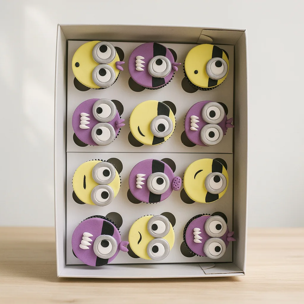 Box of twelve cupcakes decorated as yellow minions and purple villain characters with one and two eyes