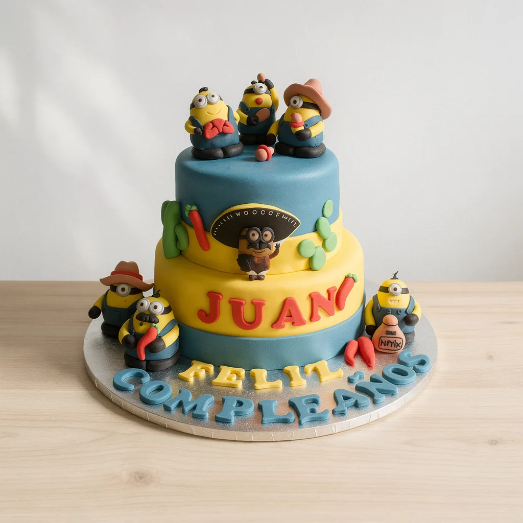 Two-tier cake decorated with minion characters, colorful letters, and chili pepper shapes