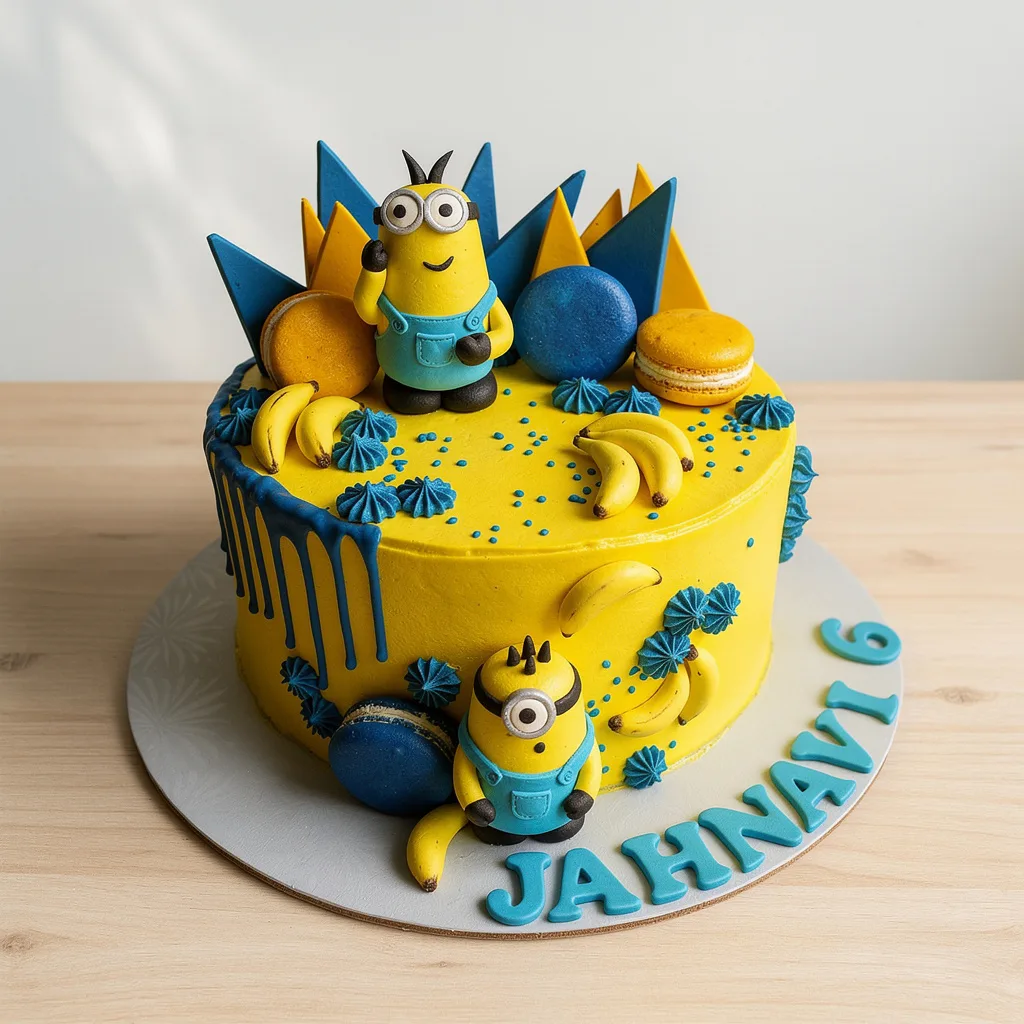 Yellow cake with Minions figurines, blue drip, bananas, macarons, and geometric decorations