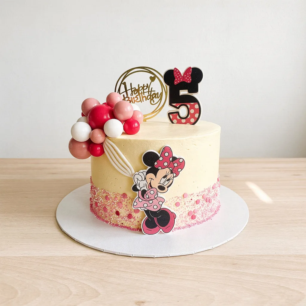 Round cake with cream icing, pink sprinkles, Minnie Mouse decoration, pink and white balloon cluster, and number 5 topper