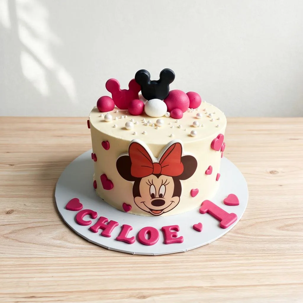 Round cream cake decorated with Minnie Mouse face, pink hearts, and number one topper
