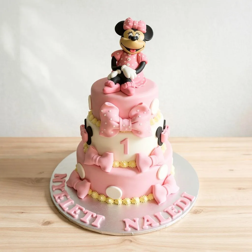Three-tier pink and white cake with Minnie Mouse figure and bows celebrating first birthday