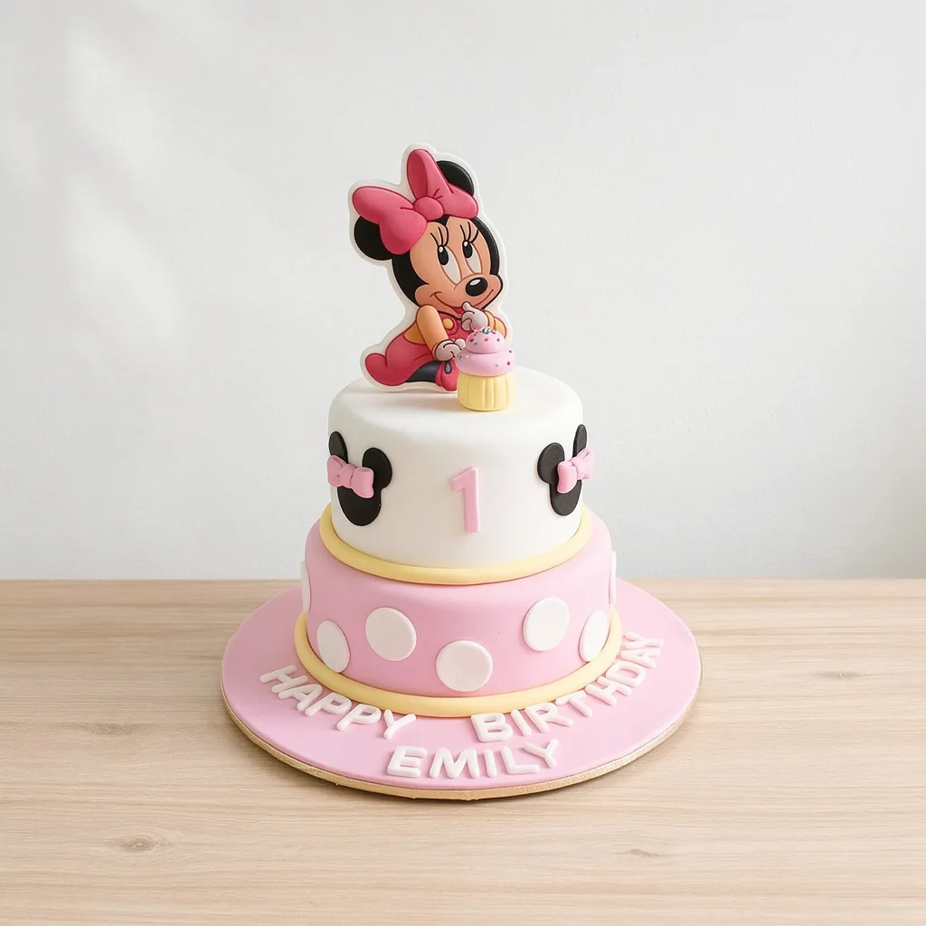 Two-tier pink and white cake with Minnie Mouse topper holding a cupcake and number 1 decoration