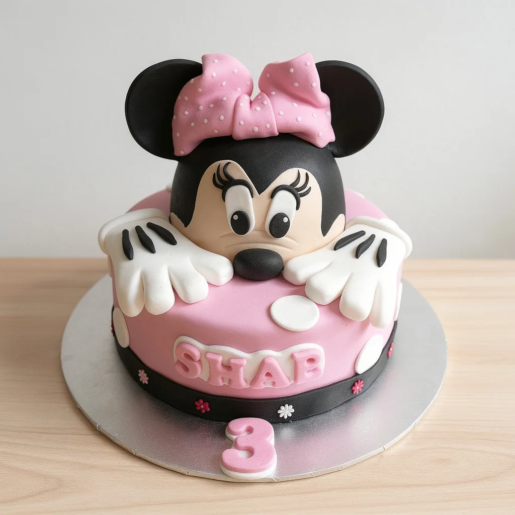 Pink and black Minnie Mouse cake with polka dot bow peeking over the edge