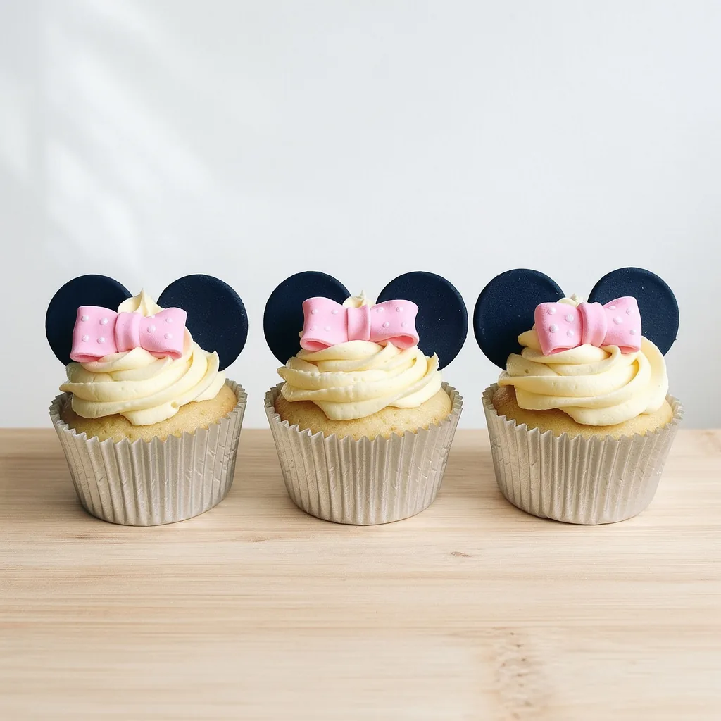 Three vanilla cupcakes with creamy swirled frosting topped with black round ears and pink bows