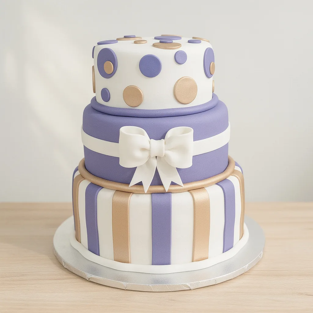 Three-tiered cake with white, purple, and gold stripes and polka dots with a white bow on the middle tier