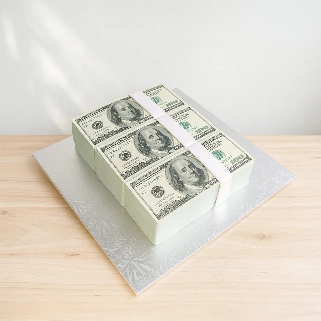 Cake shaped and decorated to look like a stack of hundred dollar bills with a white band