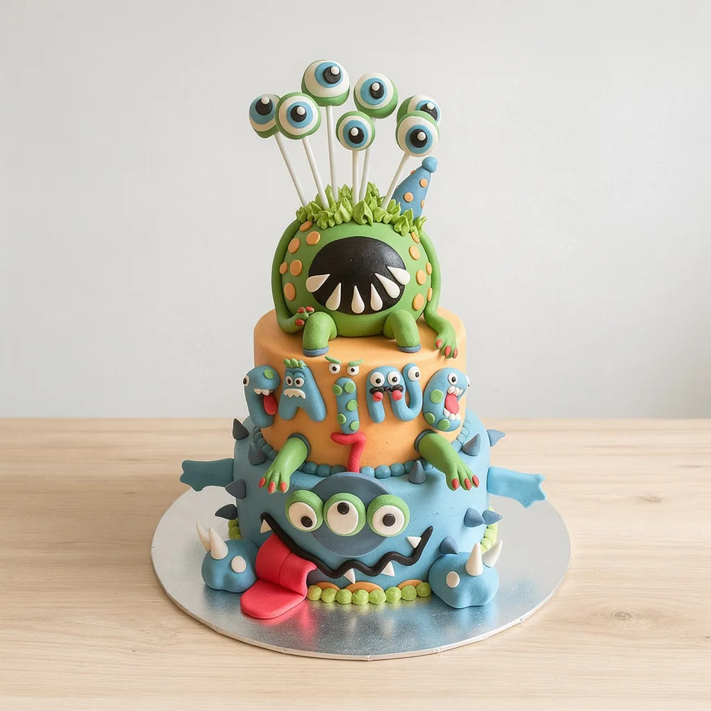 Three-tiered colorful birthday cake with playful monster and eyeball decorations