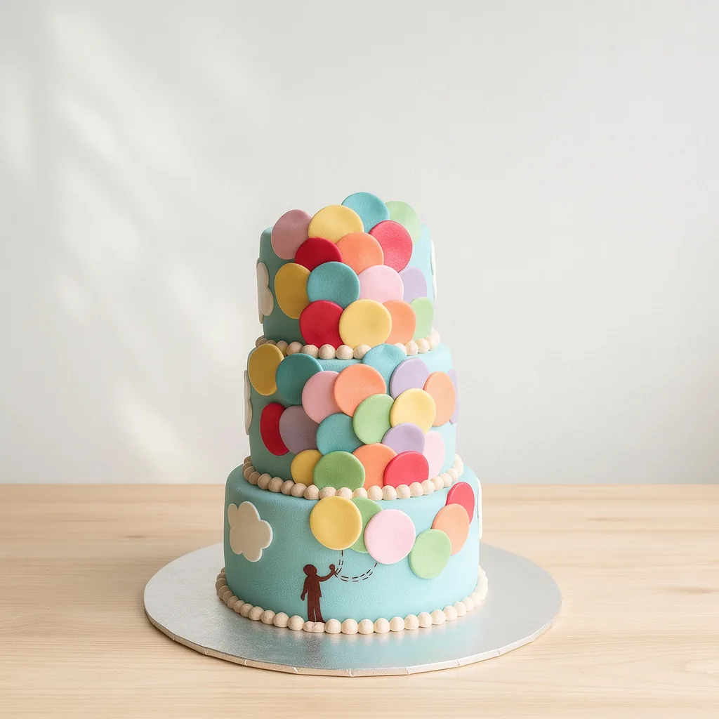 Three-tier sky blue cake decorated with colorful fondant balloons and small clouds