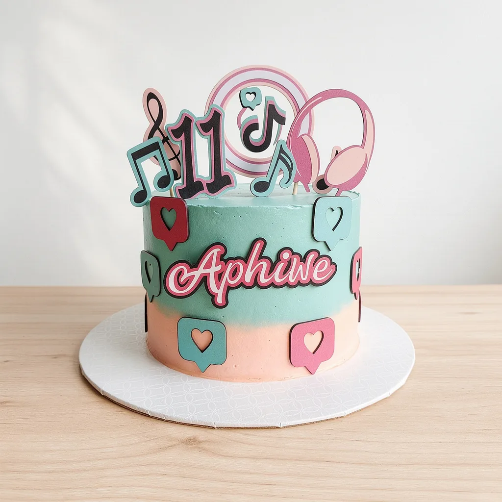 Round pastel blue and peach cake decorated with music notes, headphones, and TikTok-inspired icons