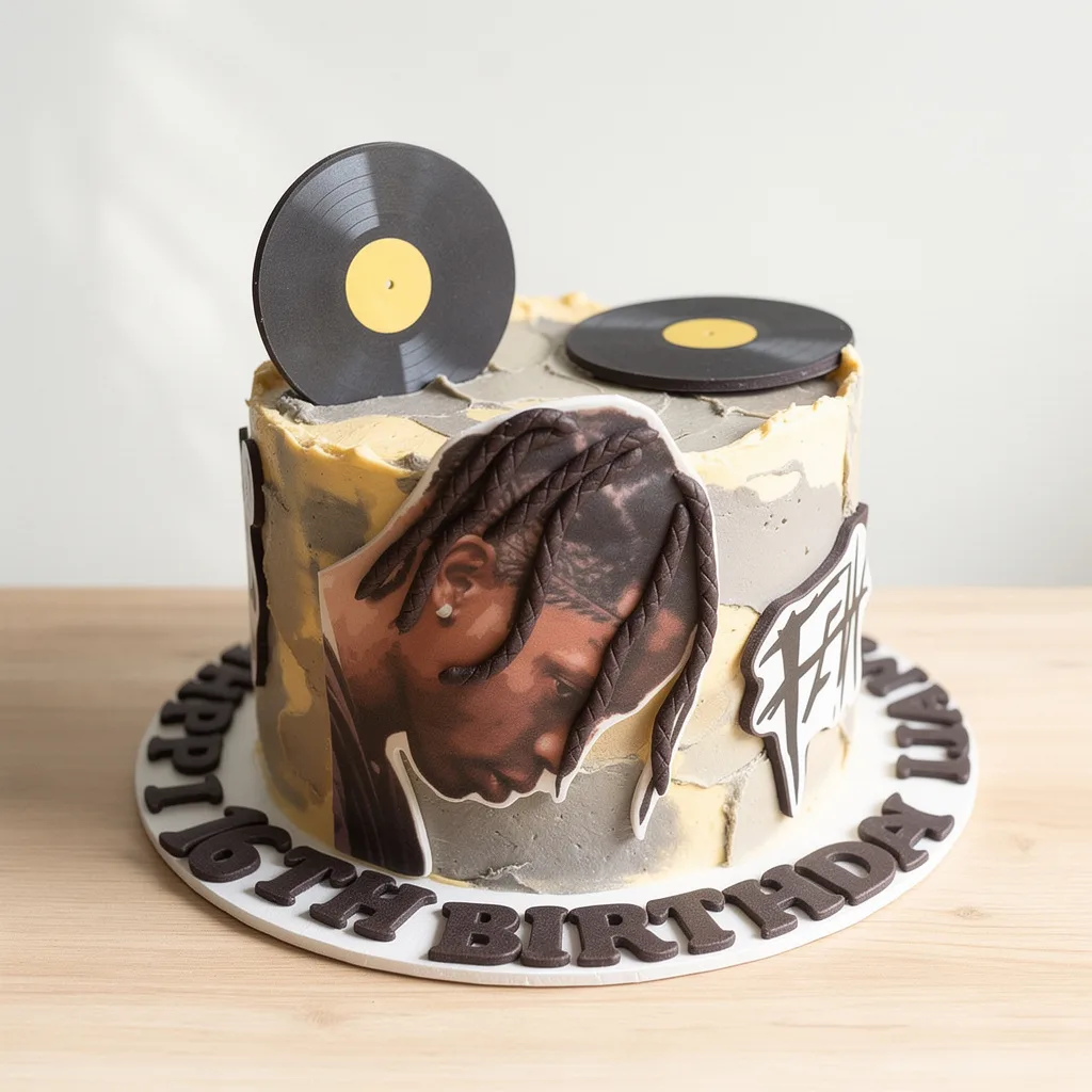 Round birthday cake with gray and beige icing, decorated with vinyl record toppers and a profile image of a person with…