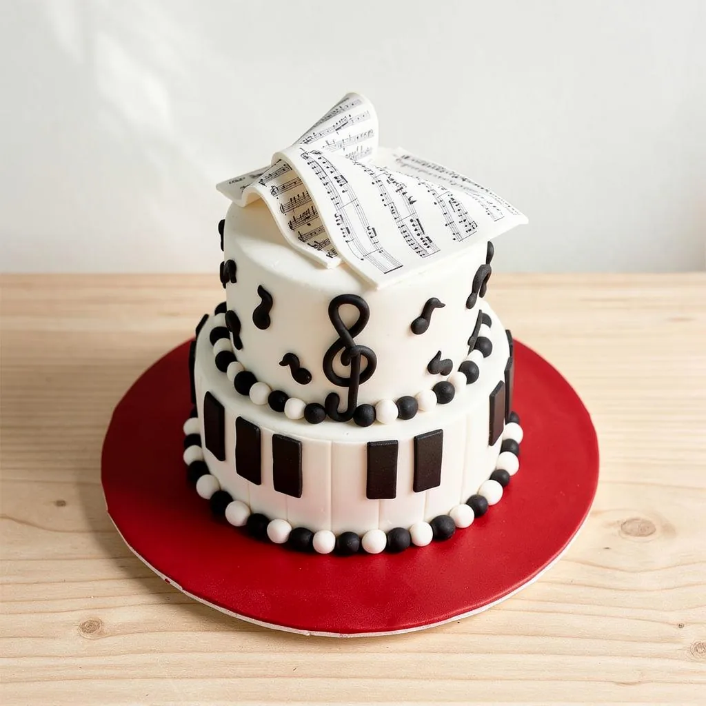 Two-tier white cake decorated with piano keys, musical notes, and edible sheet music topper