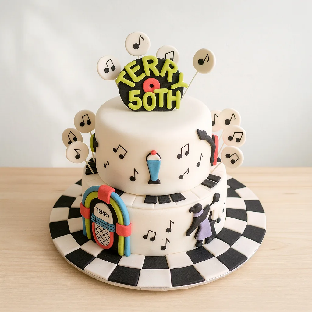 Two-tier white cake decorated with musical notes, a jukebox, dancing figures, and a black record topper with yellow lettering
