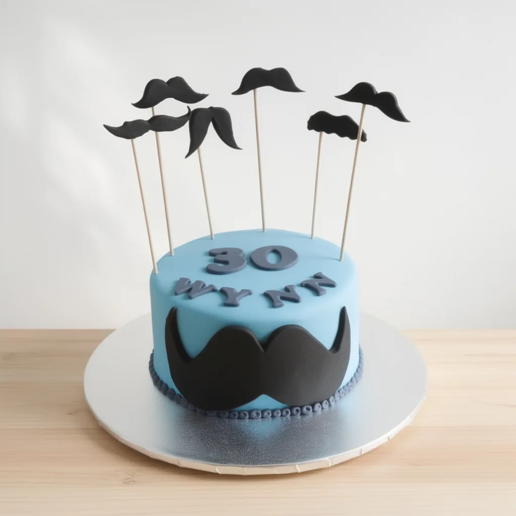 Blue round cake with large black mustache decoration and multiple smaller mustaches on sticks