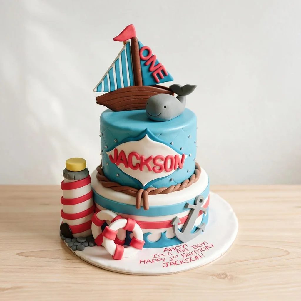 Two-tiered blue and white nautical-themed cake with whale, sailboat, lighthouse, and anchor decorations