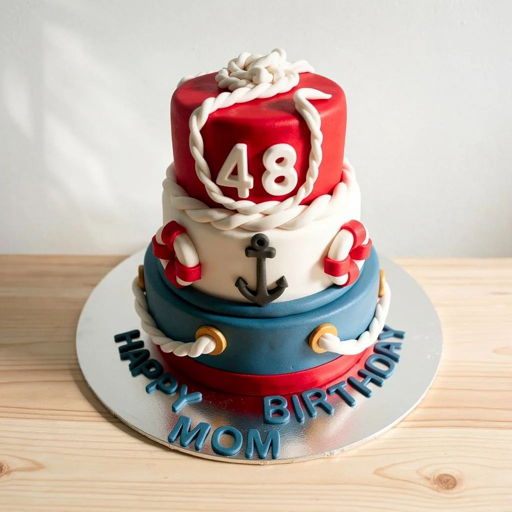 Three-tier nautical themed birthday cake with red, white, and blue fondant and an anchor decoration