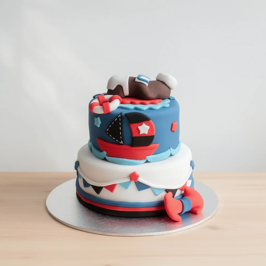 Two-tier cake with nautical decorations including a boat, life preserver, sailor hat, and red, white, blue color scheme