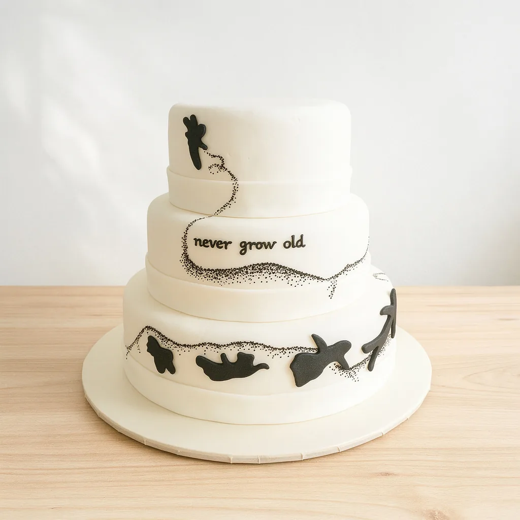 Three-tier white cake with black silhouettes and 'never grow old' text