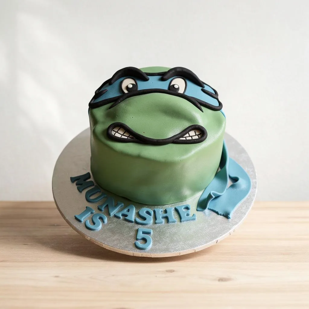 round green cake decorated with a blue mask and facial features like a ninja turtle