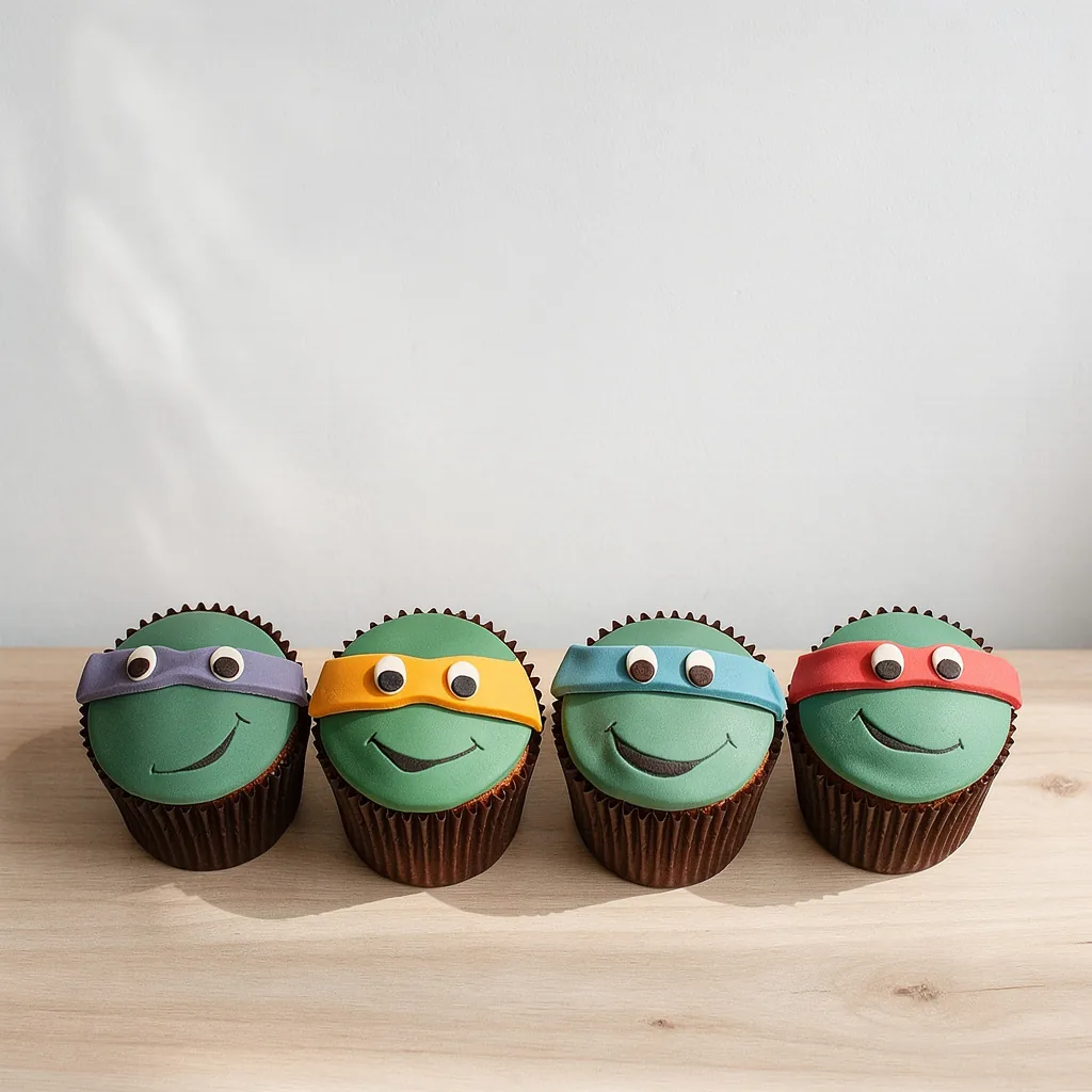 Four cupcakes decorated with green fondant faces and colored masks with big eyes resembling ninja turtles