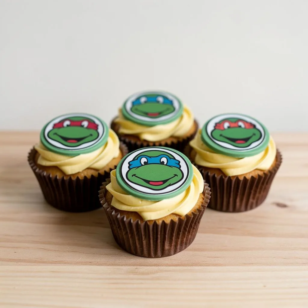 Four cupcakes with yellow frosting and edible toppers of smiling green turtles with colored masks