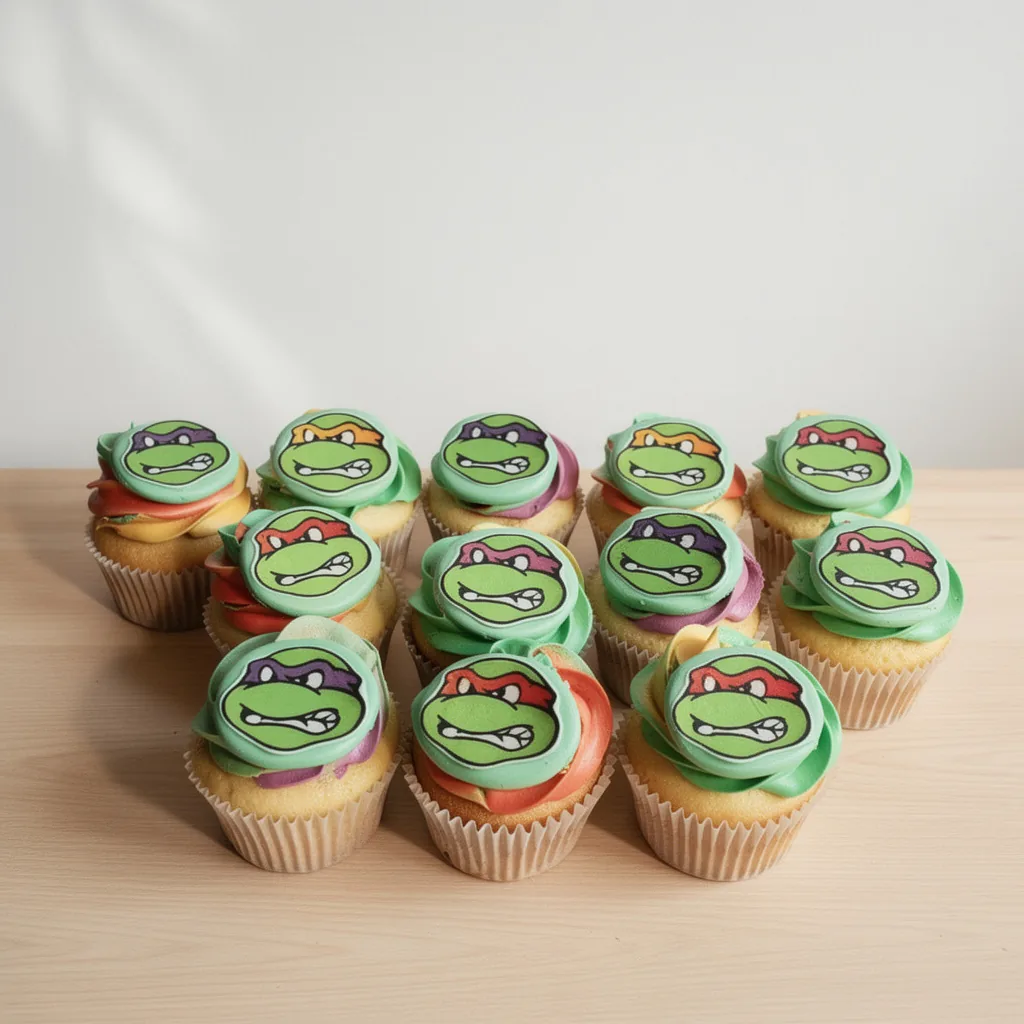 Cupcakes with green frosting topped with edible Ninja Turtles faces in different colored masks