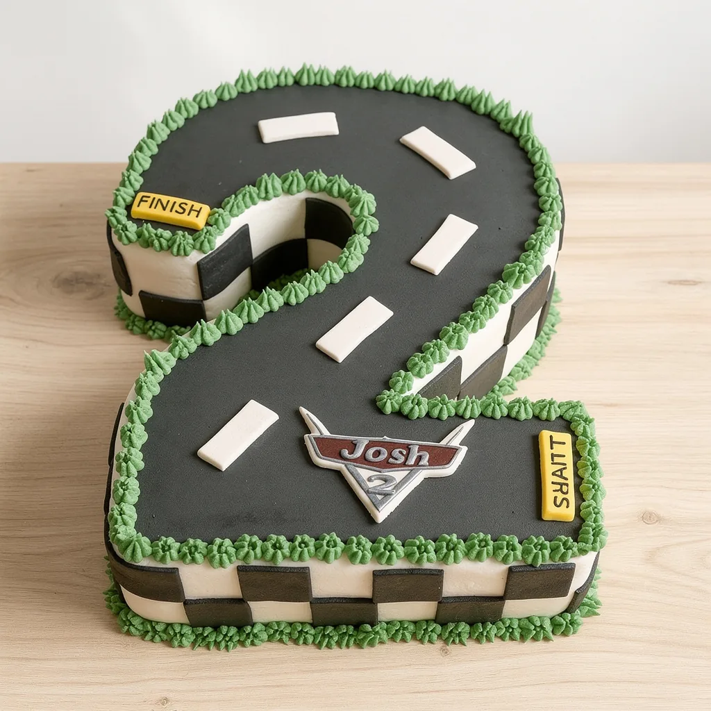 Number 2 shaped cake decorated as a race track with green frosting and checkered sides