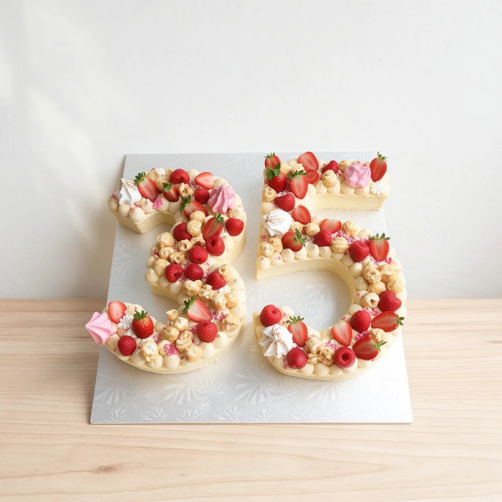 Cream-topped number 35 cake decorated with strawberries, raspberries, popcorn, and small meringues