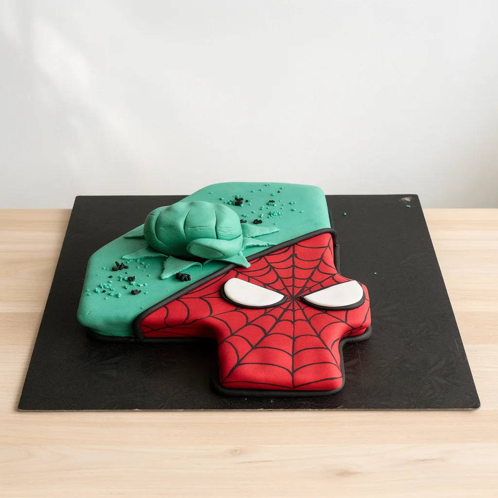 Number 4 shaped cake with Hulk's green fist and Spider-Man's red mask design