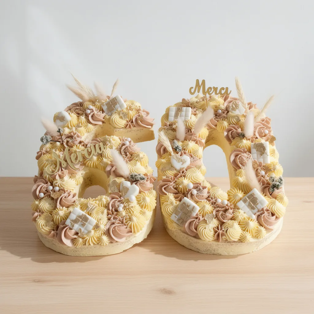 Two number-shaped cakes decorated with beige and pale pink cream swirls and edible white and gold accents