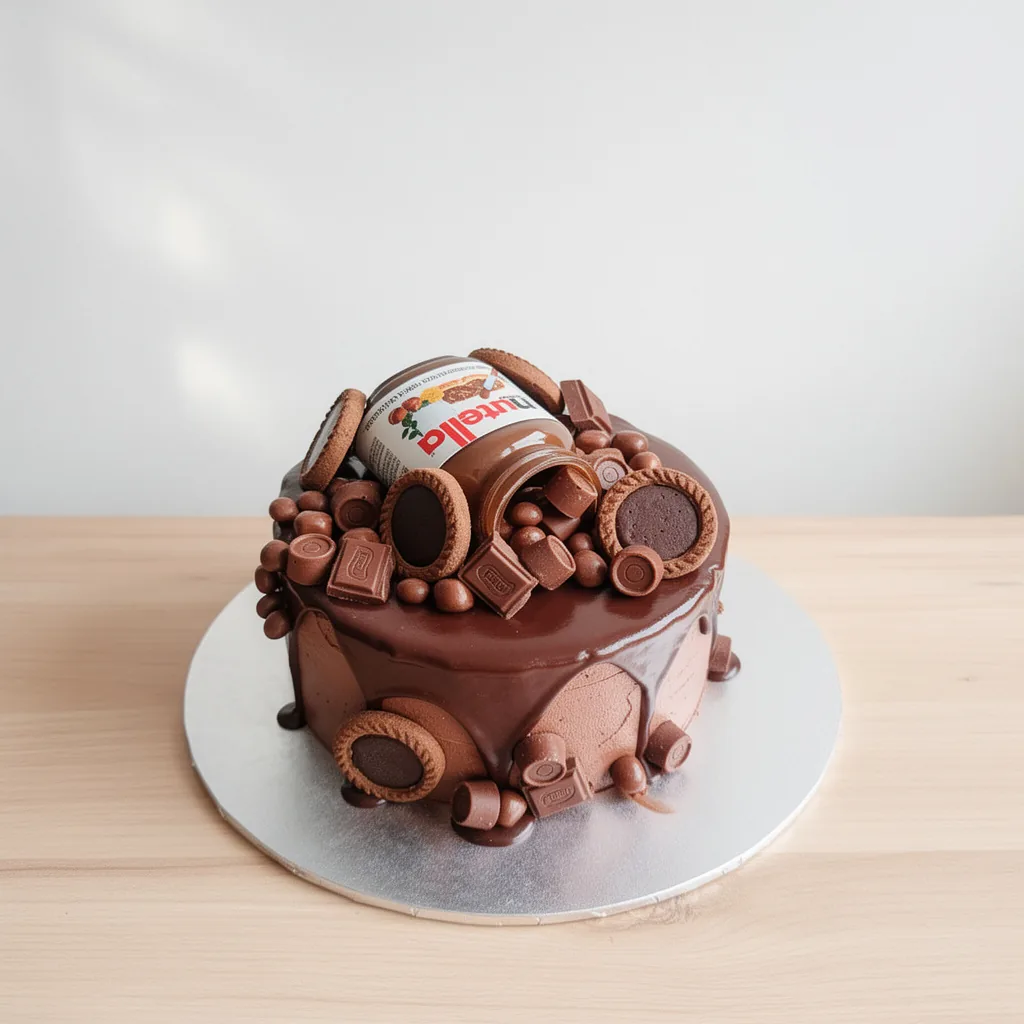 Chocolate drip cake topped with a small Nutella jar, chocolate cookies and assorted chocolates