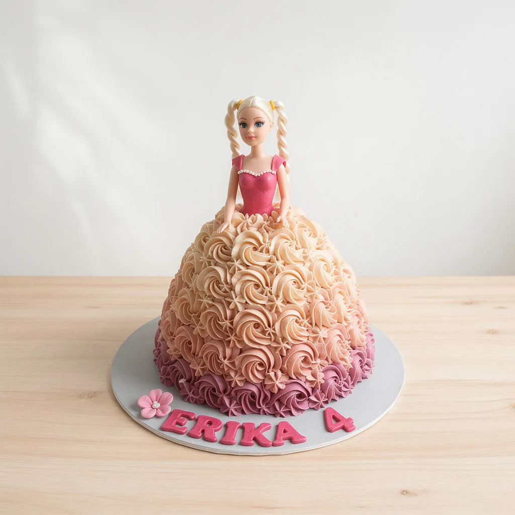 Doll cake with pink and beige ombre rosette icing and a pink bodice top