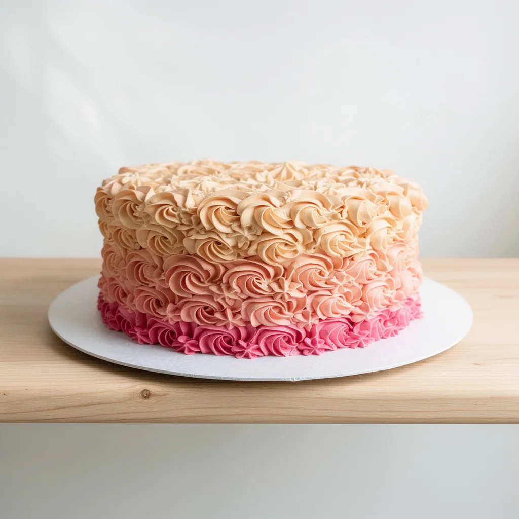 Round cake decorated with ombre buttercream rosettes in shades of pink and peach