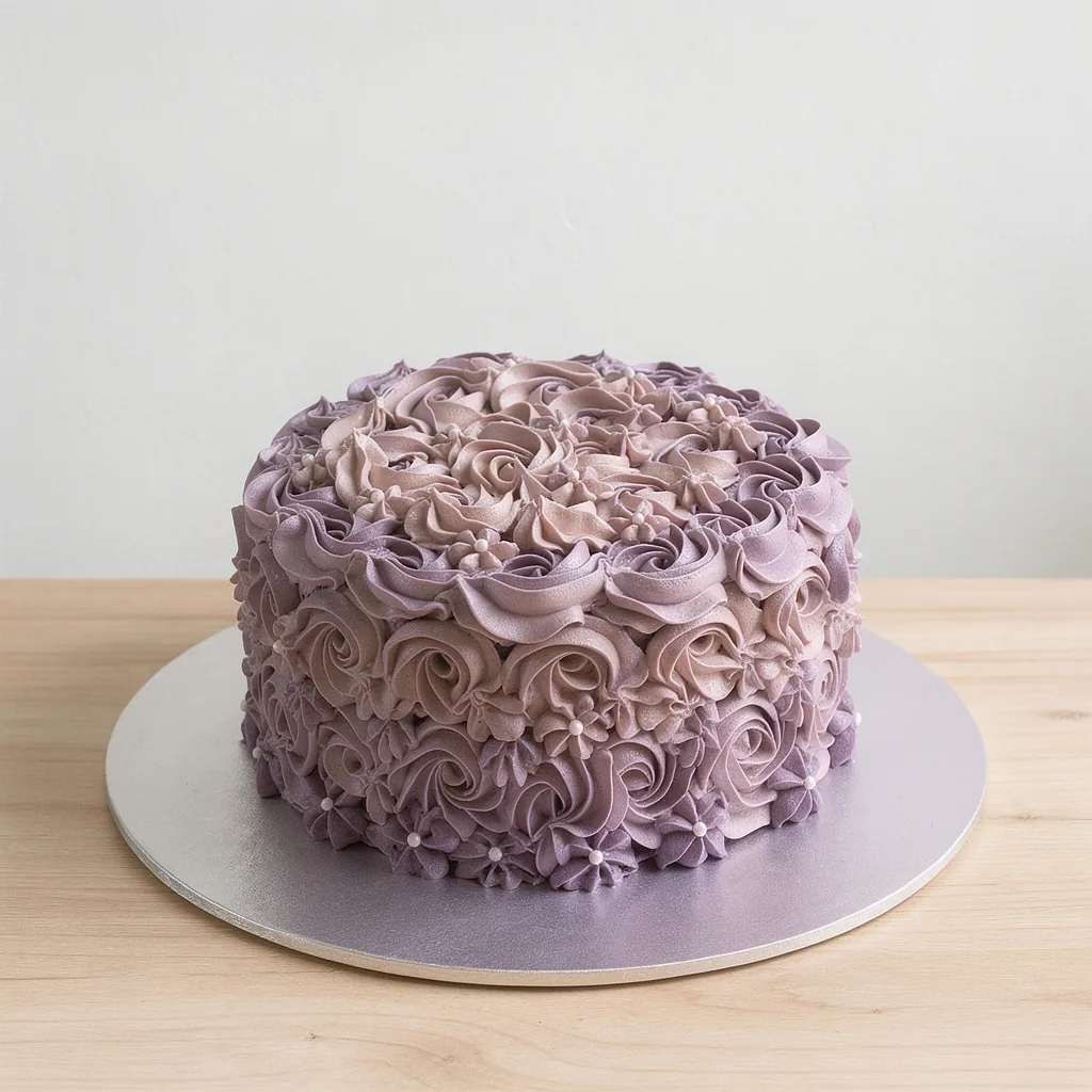 Round cake decorated with ombre purple and lavender buttercream roses and small white pearl accents