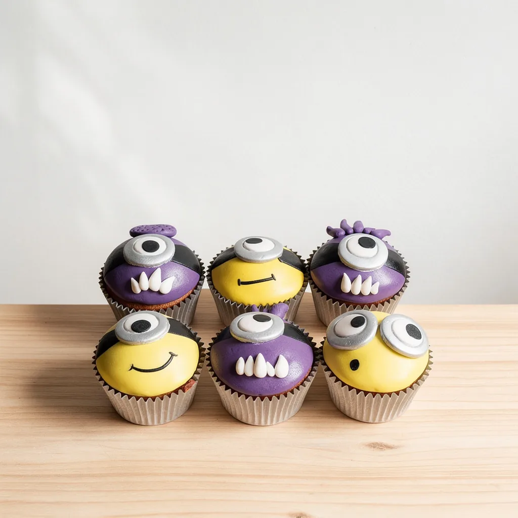 Colorful cupcakes decorated as one-eyed yellow and purple monsters with teeth and big eyes