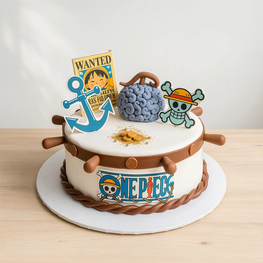 Round white cake decorated with a brown ship wheel and 'One Piece' anime-themed decorations