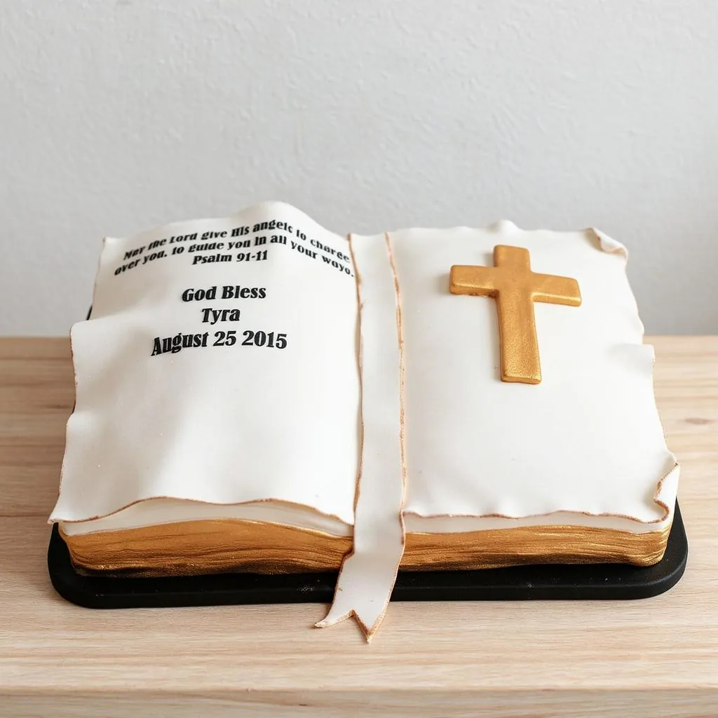 Cake shaped like an open Bible with a golden cross and scripture text on white fondant.