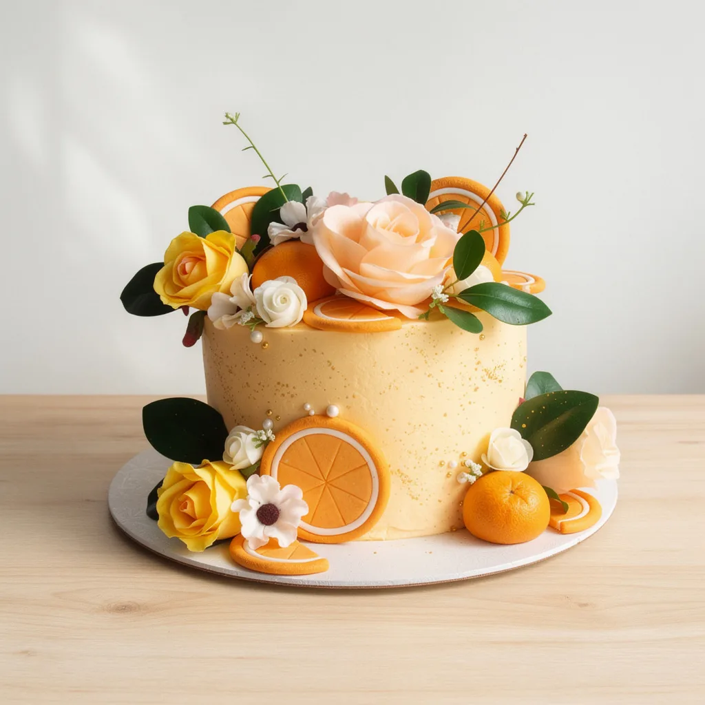 Round pale yellow cake decorated with orange slices, delicate roses, and green leaves