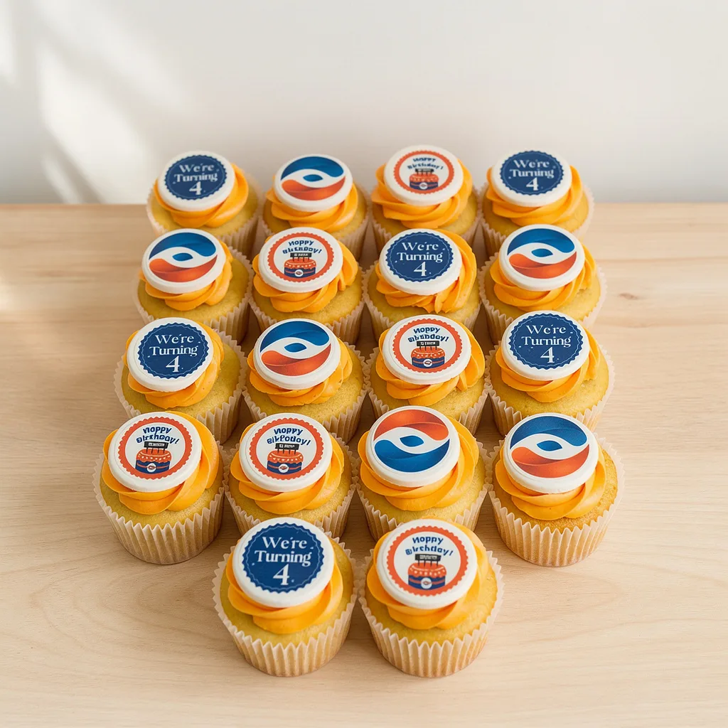 Cupcakes with bright orange frosting and edible toppers featuring birthday messages and colorful designs