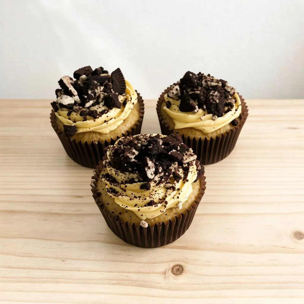 Three vanilla cupcakes with creamy frosting topped with crushed Oreo cookies in brown cases