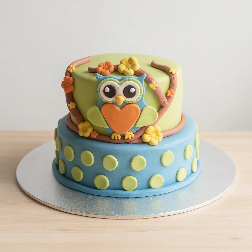 Two-tier cake with bottom tier blue with green polka dots, top tier green with an owl holding an orange heart and surrounded…