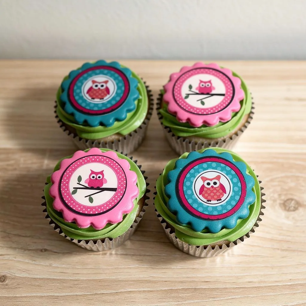 Four cupcakes with green frosting topped with pink and blue fondant featuring owl designs