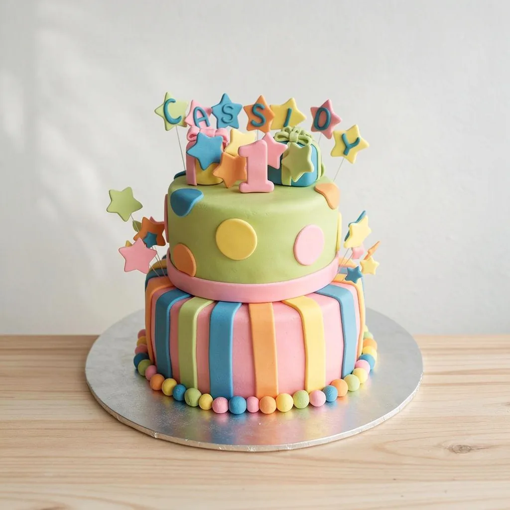 Two-tier pastel fondant cake with stars, polka dots, and stripes celebrating a first birthday