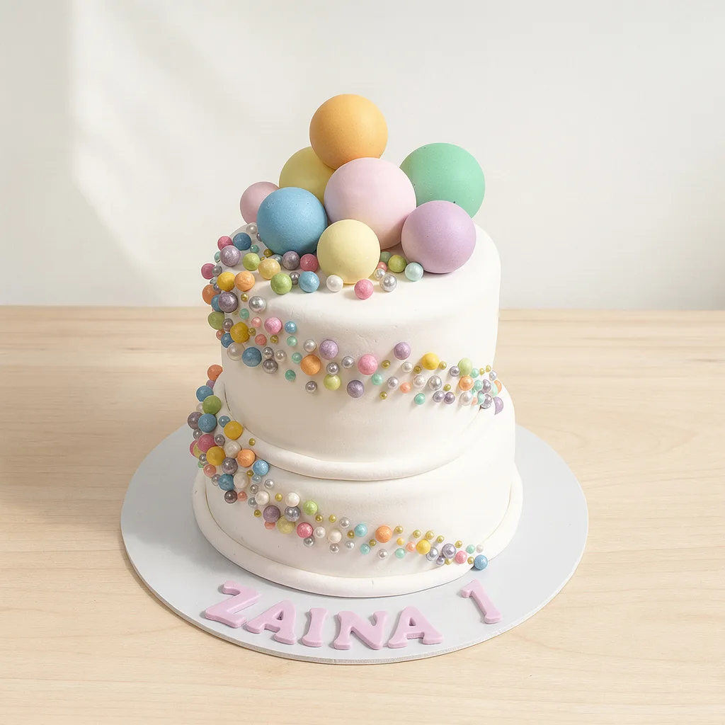 Two-tier white cake decorated with pastel colored spheres and balls in a swirling pattern