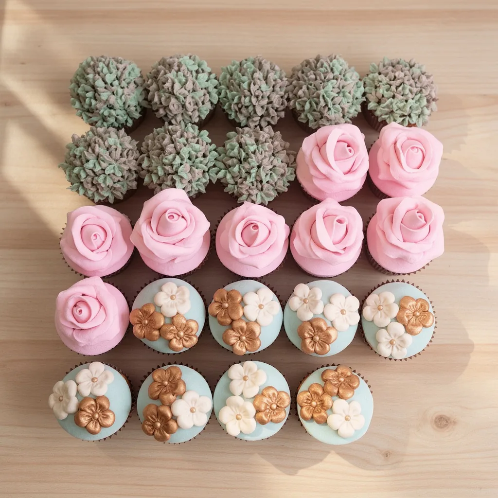 Array of 20 floral cupcakes with mint green, pink rose, and gold and white flower designs