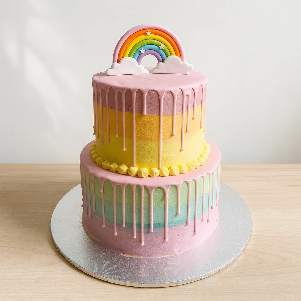 Two-tier pastel cake with pink drip icing and a rainbow topper on a wooden surface