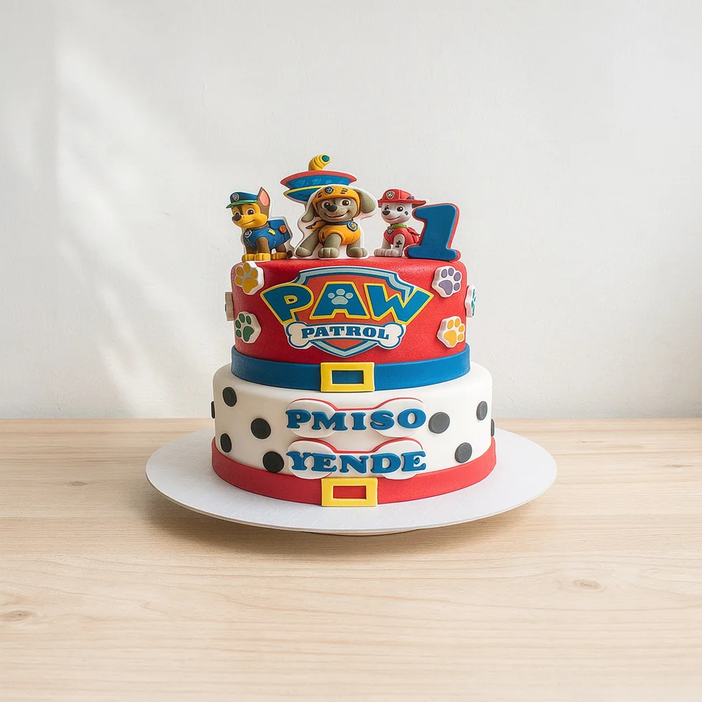 Two-tier Paw Patrol birthday cake with characters Chase, Rubble, and Marshall, and a number one topper.